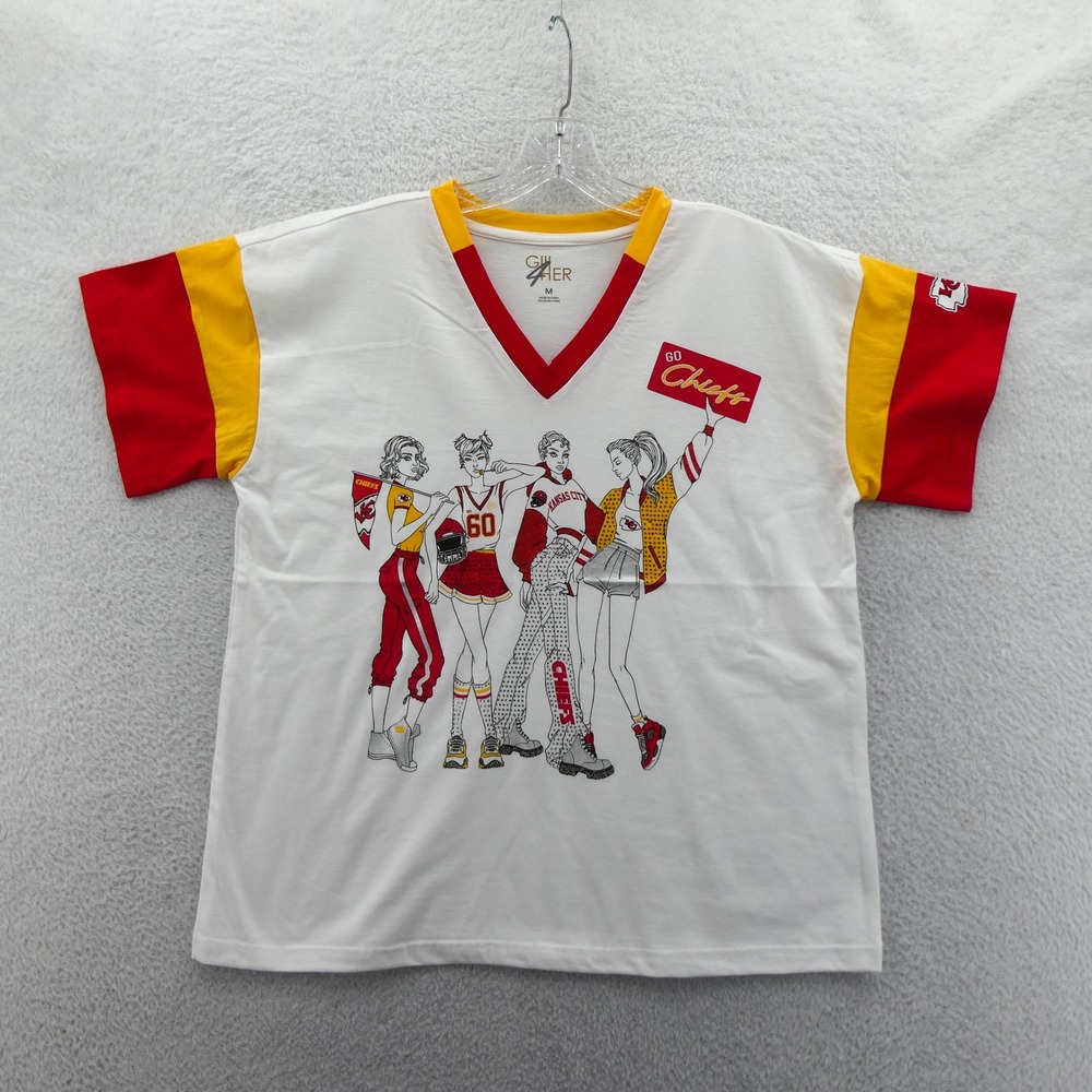 GIII 4Her Shirt Women Medium Kansas City Chiefs White Red Yellow Graphic‎ V-Neck